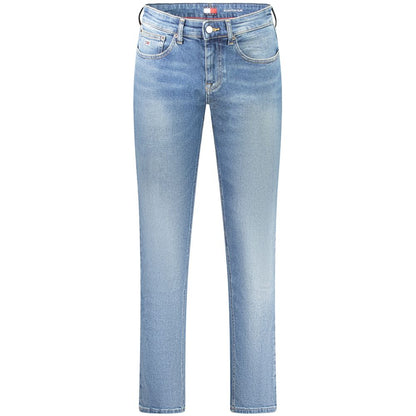 Tommy Hilfiger Blue Cotton Men Jeans with washed effect and iconic logo, offering a sleek silhouette and button closure.