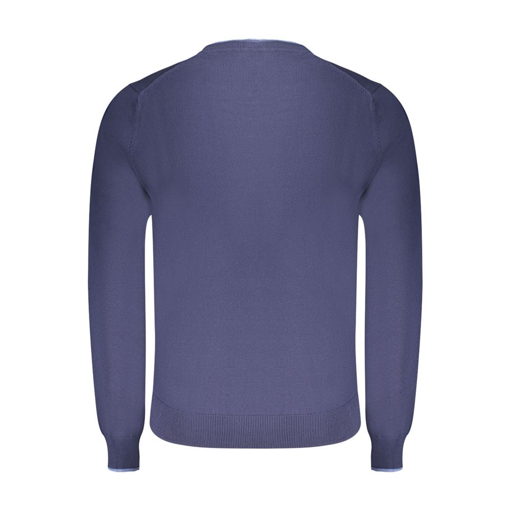 Back view of North Sails Blue Cotton Men Sweater with crew neck and logo embroidery.