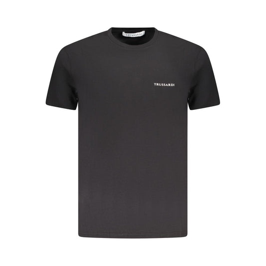 Trussardi Black Cotton Men T-Shirt with brush print and logo detail, short sleeve, crew neck, premium cotton-elastane blend, elegant design.
