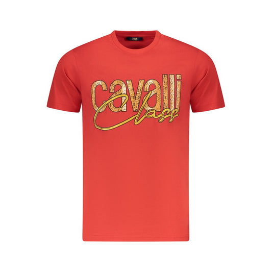 Cavalli Class Red Cotton Men T-Shirt with bold logo print and sleek crew neck design, perfect for trendsetting fashion enthusiasts.