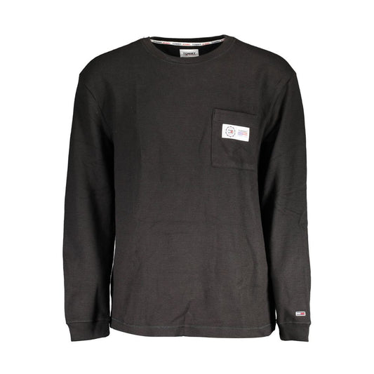 Tommy Hilfiger Black Cotton Men Sweater with long sleeves, crew neck, and embroidered logo, featuring a pocket detail and classic design.