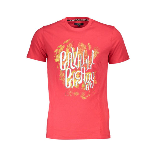 Cavalli Class Red Cotton Men T-Shirt with signature print on chest, short-sleeve design for bold style and sophistication.