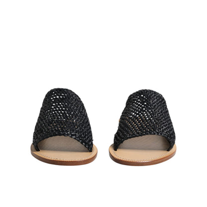 Dolce & Gabbana Black Monochrome Braided Raffia Slides Shoes