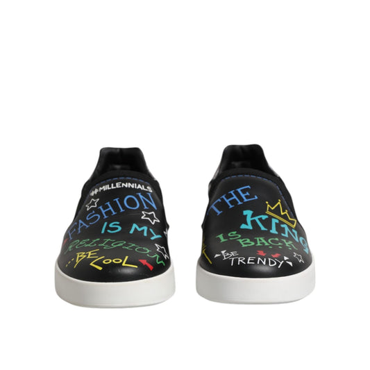 Dolce & Gabbana Black Leather Studded Graffiti Sneakers Shoes