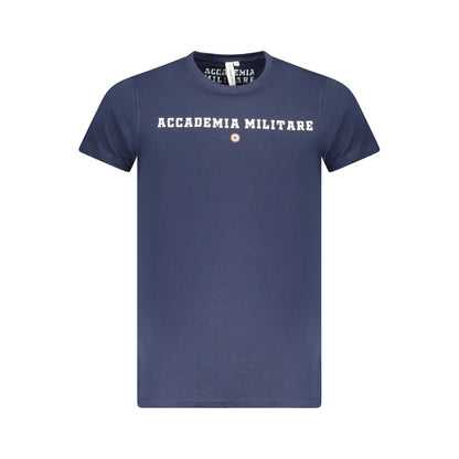 Alt Tag: Accademia Militare Blue Cotton T-Shirt with short sleeves, crew neck, logo, and print design.