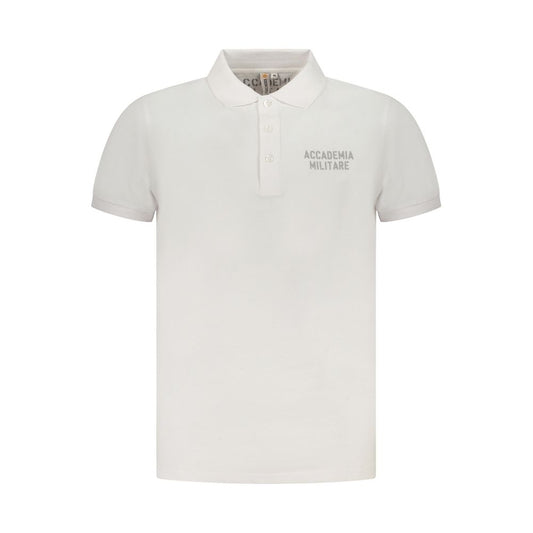 Accademia Militare White Cotton Polo Shirt with short sleeves and 3 buttons, featuring a military academy logo print.