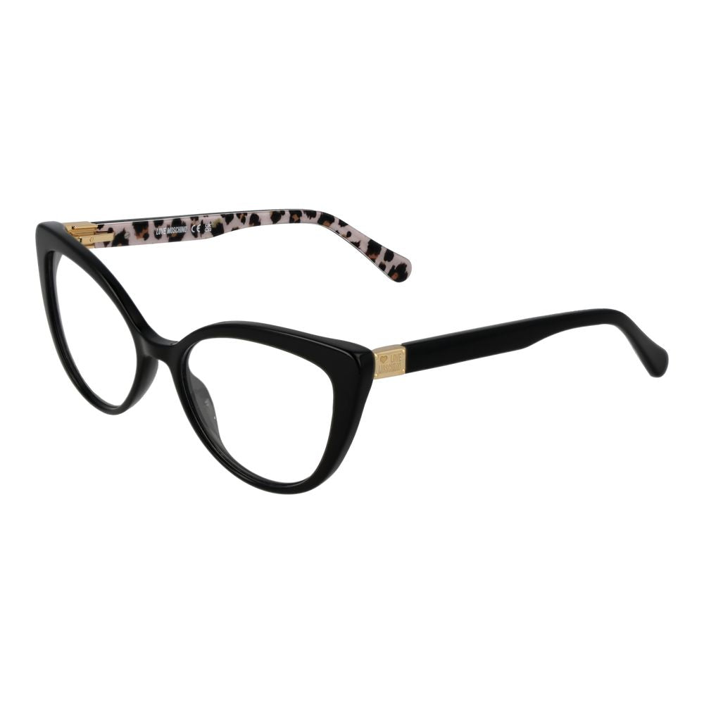 Love Moschino Black Women Glasses Frame in cat eye full-rim style, acetate material, demo lenses, no UV protection, with branded case.