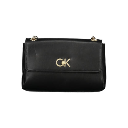 Calvin Klein Black Polyester Handbag with chain shoulder handles, external pocket, contrasting details, and logo on the front.