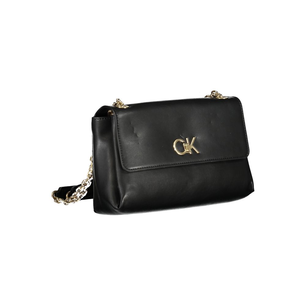 Calvin Klein Black Polyester Handbag with chain handles, external pocket, dual compartments, and logo detail.