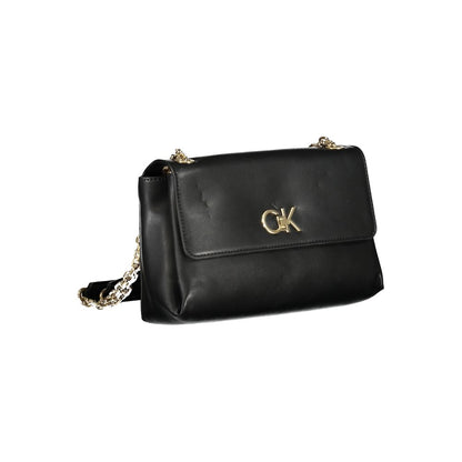 Calvin Klein Black Polyester Handbag with chain handles, external pocket, dual compartments, and logo detail.