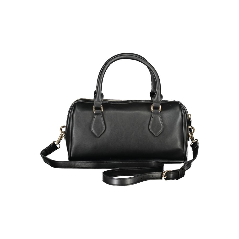 Mario Valentino Black Polyethylene Handbag featuring two handles, removable shoulder strap, internal pockets, and zip closure.