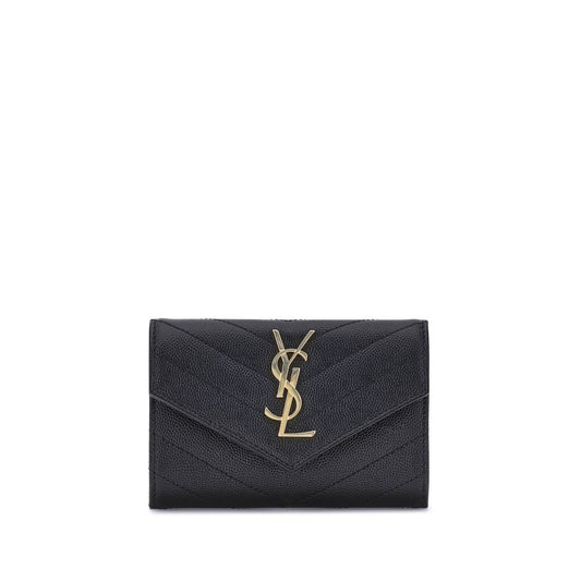 Saint Laurent Black Calf Leather Bos Taurus Wallet with logo plaque and snap-button closure, features card slots and a slit pocket.