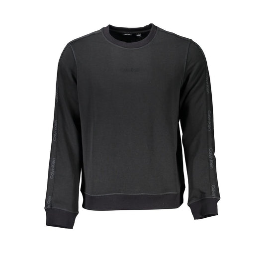 Calvin Klein Black Polyester Men Sweater with long sleeves and distinct logo print, epitome of urban sophistication and athletic chic fashion.