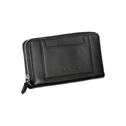 Calvin Klein Black Polyester Wallet with zip closure, contrasting details, and multiple compartments including coin purse and card spaces.