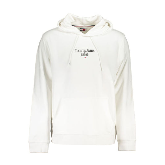 Tommy Hilfiger White Cotton Men Sweater with logo, hood, and central pocket for a casual yet elevated everyday look.