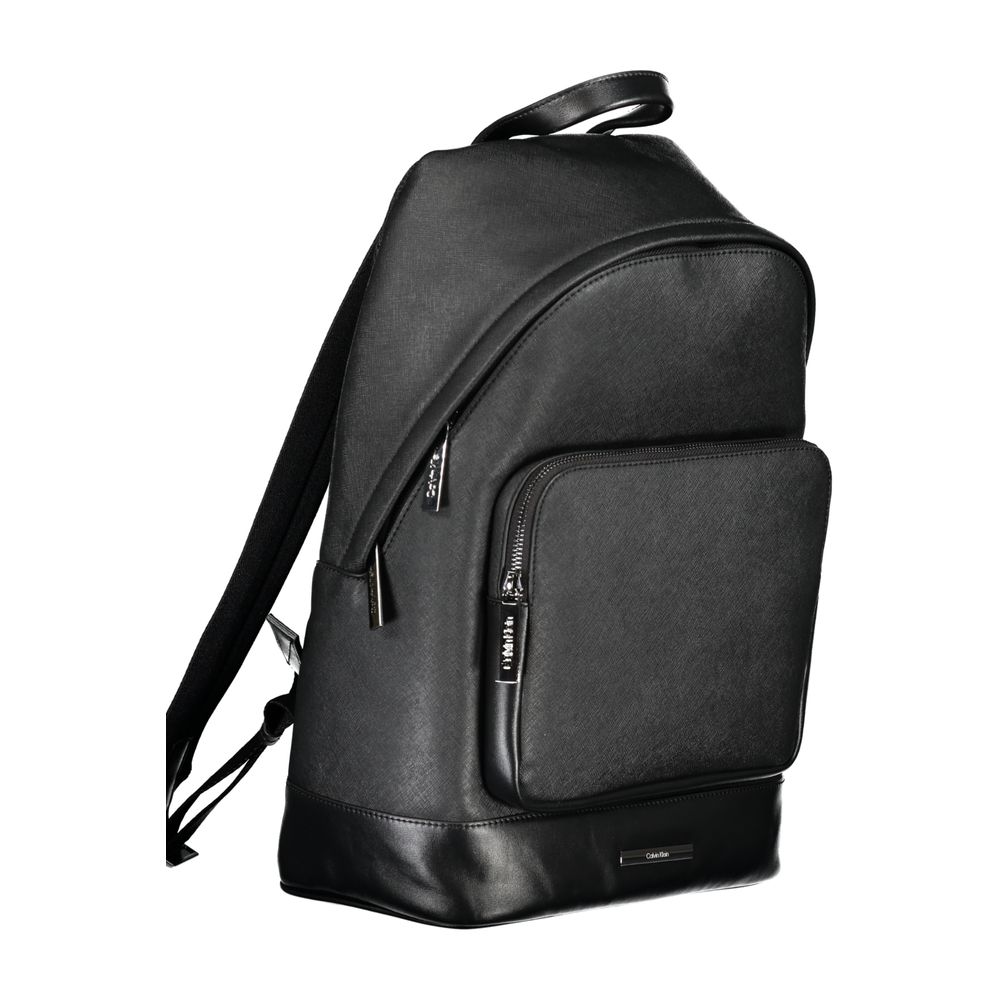 Calvin Klein Black Polyester Backpack with adjustable straps, external pocket, laptop compartment, and zip closure with logo detail.