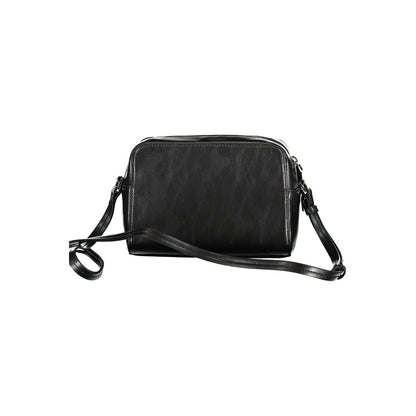 Calvin Klein Black Polyester Handbag with adjustable strap, zip closure, and logo, featuring external pocket and internal card pocket.