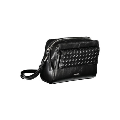Calvin Klein Black Polyester Handbag with adjustable shoulder strap and contrasting details, featuring zip and magnet closure.