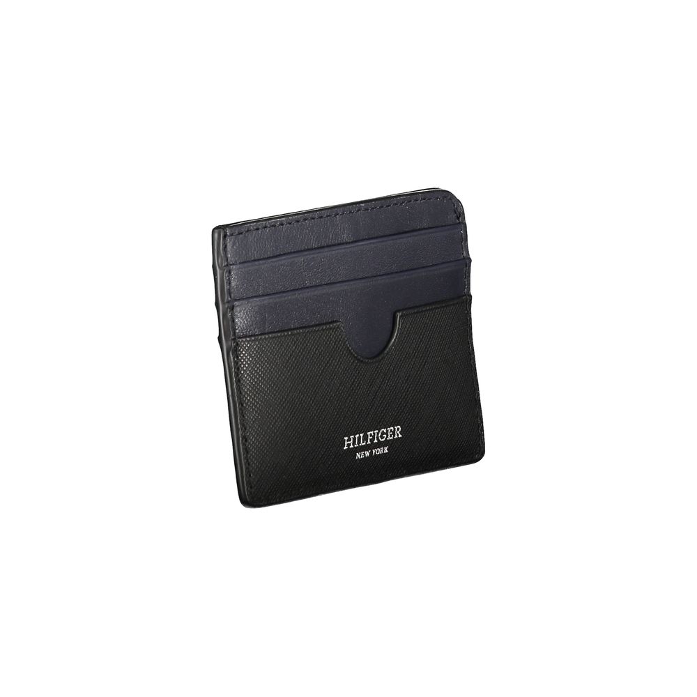 Tommy Hilfiger Black Leather Wallet with card holder, contrast details, and logo.