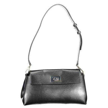 Calvin Klein Black Polyester Handbag with adjustable removable strap, snap closure, internal pocket, eco-friendly recycled material.