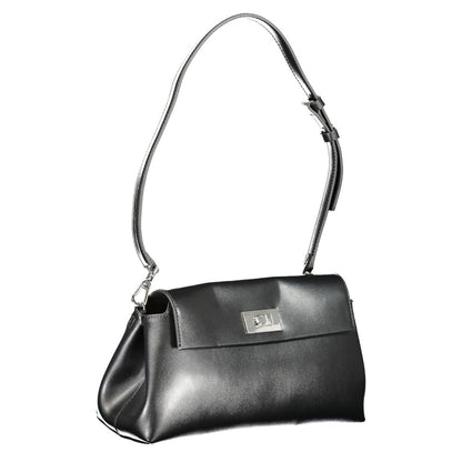Calvin Klein Black Polyester Handbag with adjustable strap and snap closure, featuring logo and internal pocket, made of 50% recycled material.
