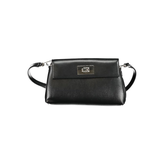 Calvin Klein Black Polyester Handbag with adjustable strap and snap closure, featuring logo and internal pocket, made from recycled material.