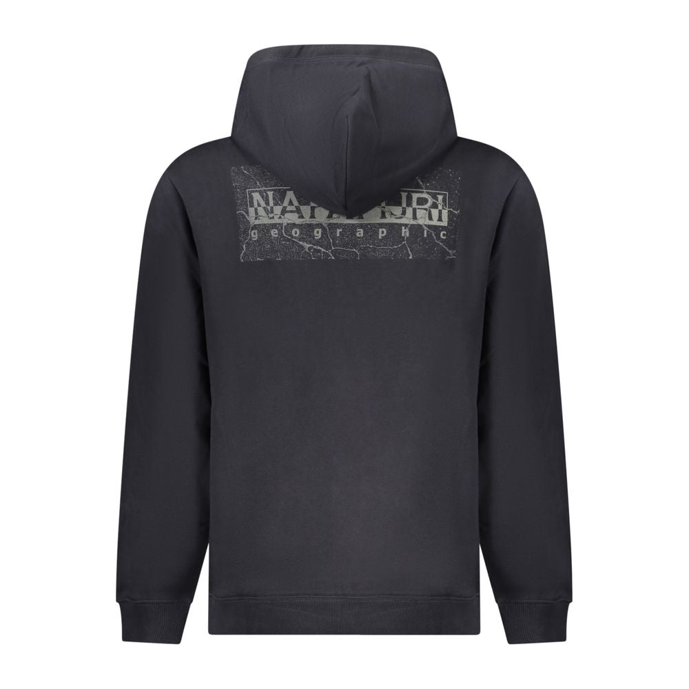 Napapijri Black Cotton Men Sweater with logo print, long sleeves, and hood, perfect for casual and stylish looks.