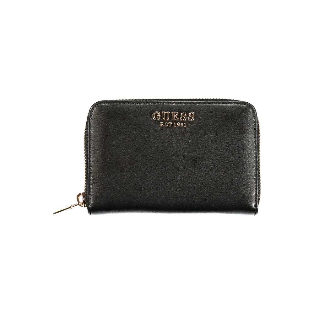 Guess Jeans Black Polyethylene Wallet with zip closure, 3 compartments, coin purse, card spaces, and logo embossing.