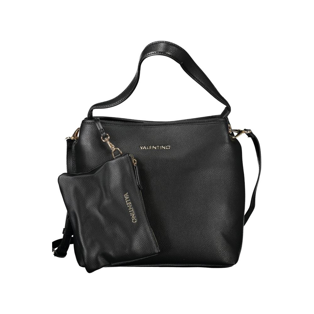 Mario Valentino Black Polyethylene Handbag with shoulder handle, adjustable strap, internal pouch, pockets, automatic closure, logo visible.