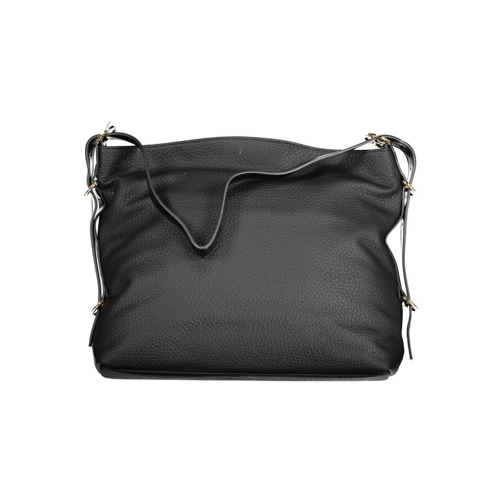 Mario Valentino Black Polyethylene Handbag with adjustable shoulder handle, two internal pockets, contrasting details, and zip closure.