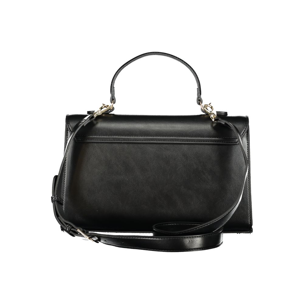 Mario Valentino Black Polyethylene Handbag with adjustable strap, central and internal pockets, protective feet, and snap closure.