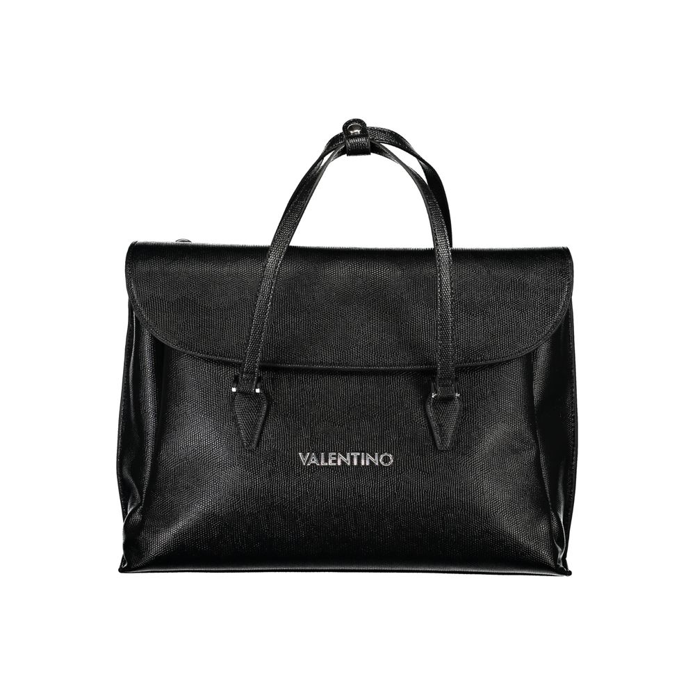 Mario Valentino Black Polyethylene Handbag with adjustable strap, external pocket, laptop and phone holders, and snap closure.