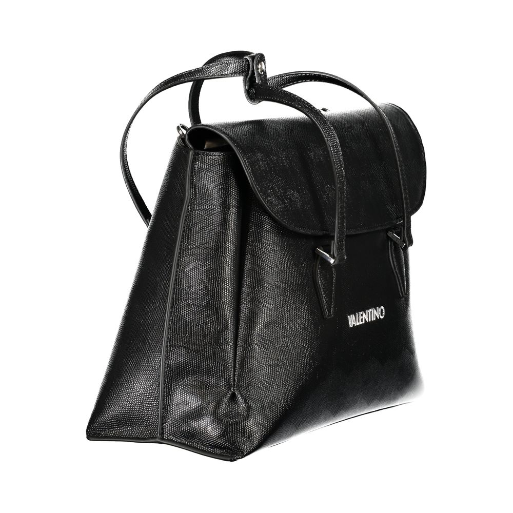 Mario Valentino Black Polyethylene Handbag with handles, adjustable strap, and logo, shown in stylish profile view.