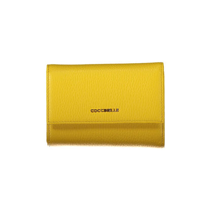 Coccinelle Yellow Leather Wallet with metallic finish, 3 compartments, card slots, external coin pocket, and logo detail.