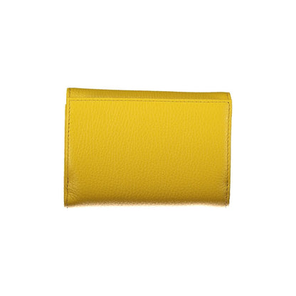 Coccinelle Yellow Leather Wallet with metallic finish, 3 compartments, card spaces, external coin pocket, and zip closure.