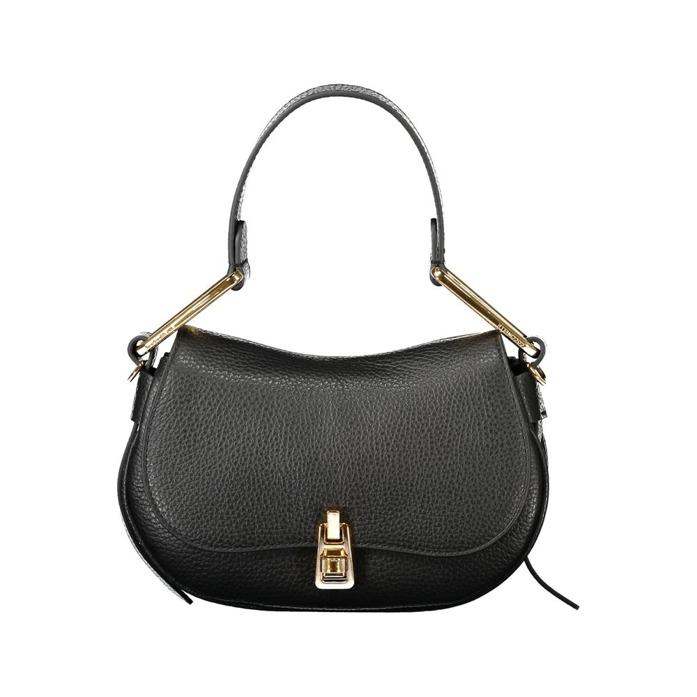 Coccinelle Black Leather Handbag with twist closure, adjustable strap, and internal pocket.