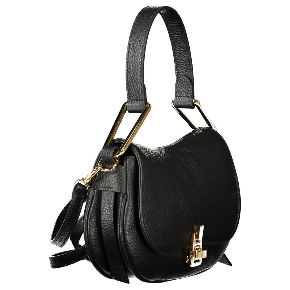Coccinelle Black Leather Handbag with twist closure, adjustable strap, and internal pocket. Elegant and versatile design.