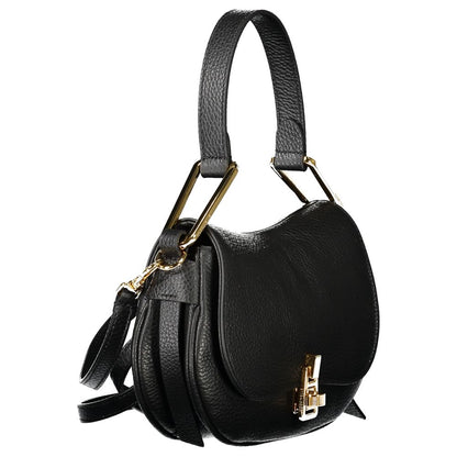 Coccinelle Black Leather Handbag with twist closure, adjustable strap, and internal pocket. Elegant and versatile design.