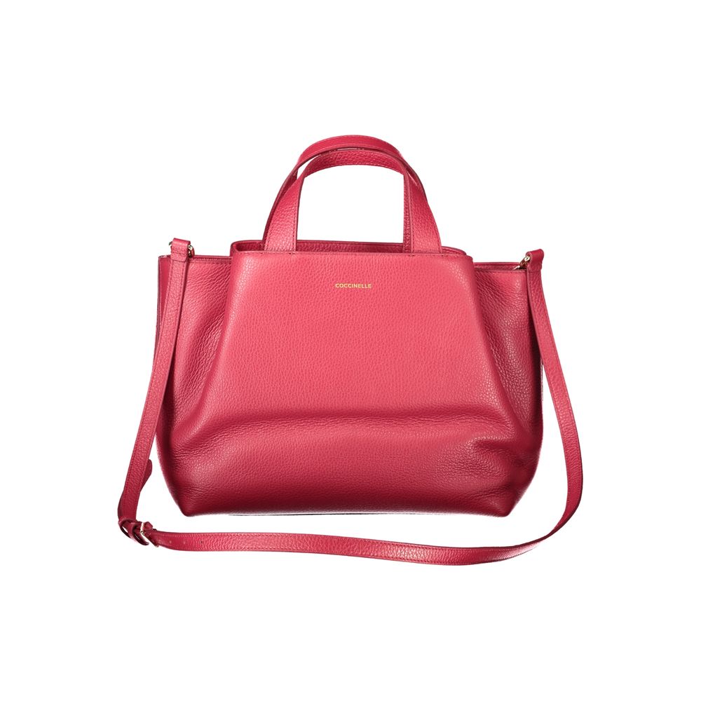 Coccinelle Red Leather Handbag with handles, adjustable strap, external and internal pockets, zip closure, and logo displayed.