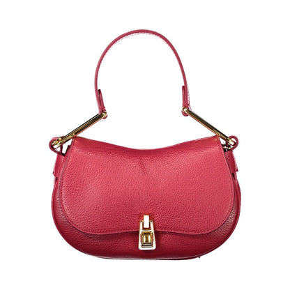 Coccinelle Red Leather Handbag with twist closure, adjustable strap, and internal pocket on display.