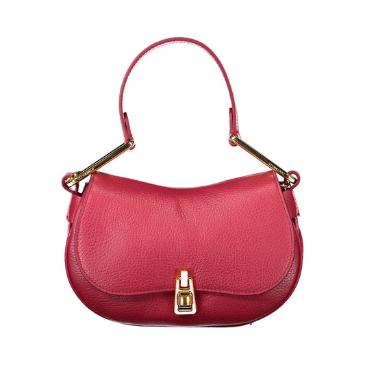 Coccinelle Red Leather Handbag with twist closure, adjustable strap, and internal pocket on display.