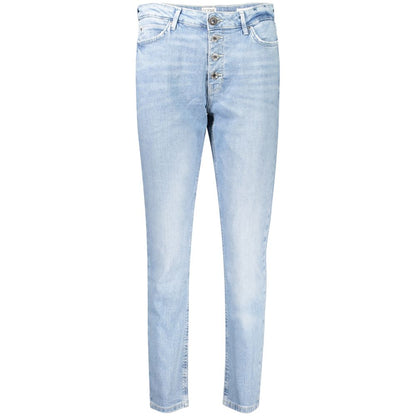 Guess Jeans Blue Cotton Women Jeans with high-waisted fit, classic 5-pocket detail, and sustainable fabric blend of cotton, polyester, and spandex.