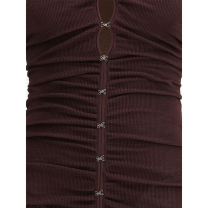 Close-up of the Self-Portrait Brown Viscose Casual Dress with draped knit and hook-and-eye closure detail.