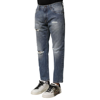 Dolce & Gabbana Blue Washed Tattered Straight Fit Denim Jeans