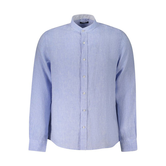 North Sails Blue Linen Shirt with Korean collar, long sleeves, one-button cuffs, and logo embroidery. Ocean positive design.
