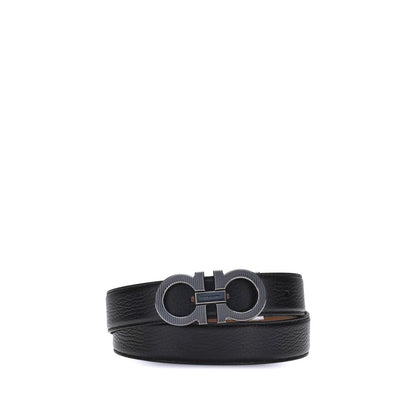 Ferragamo Black Calf Leather Bos Taurus Regular Belt with Gancini buckle and ruthenium finish, elegant and adjustable accessory.