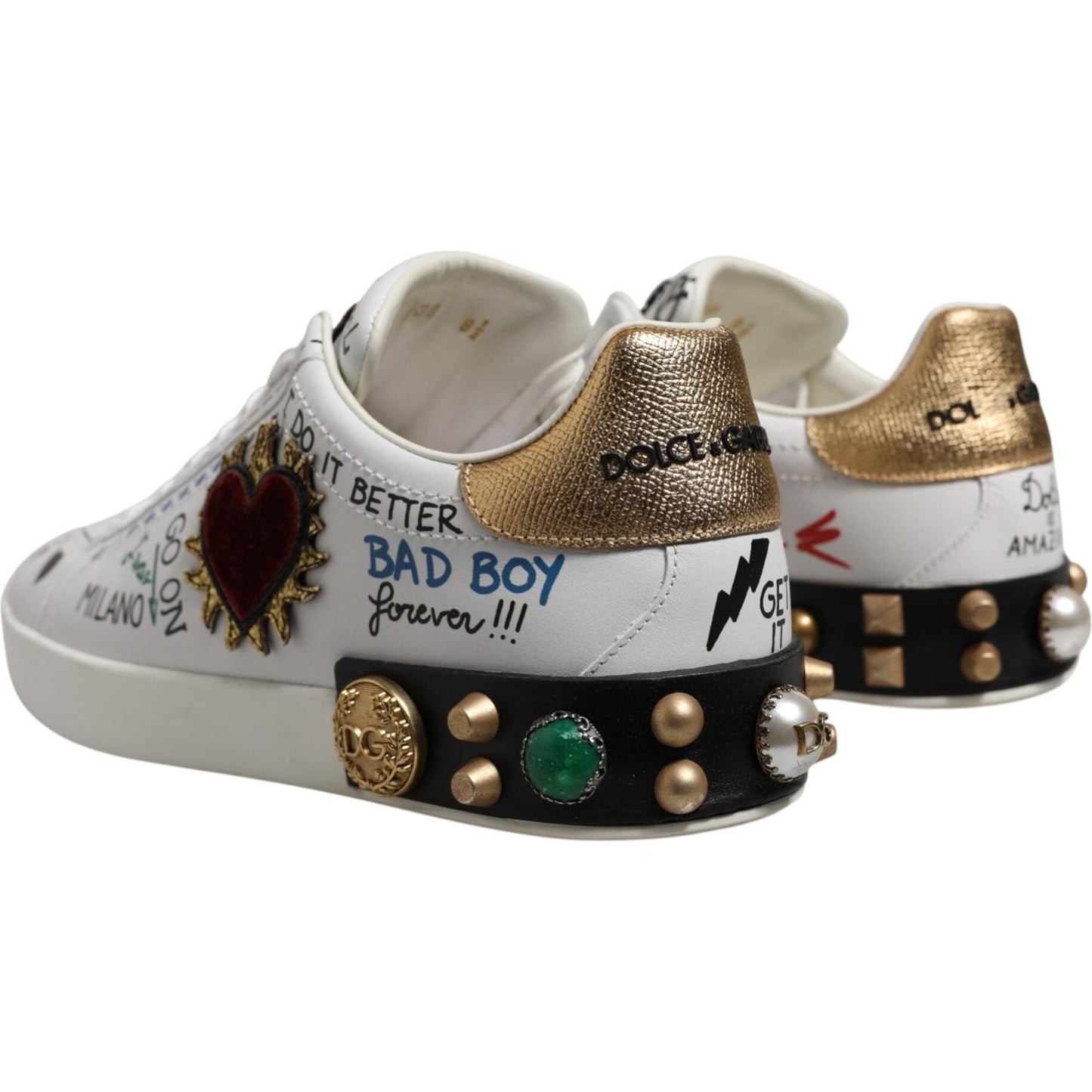 Dolce & Gabbana White Stud Heart Embellished Sneakers Shoes MV5622-44.5