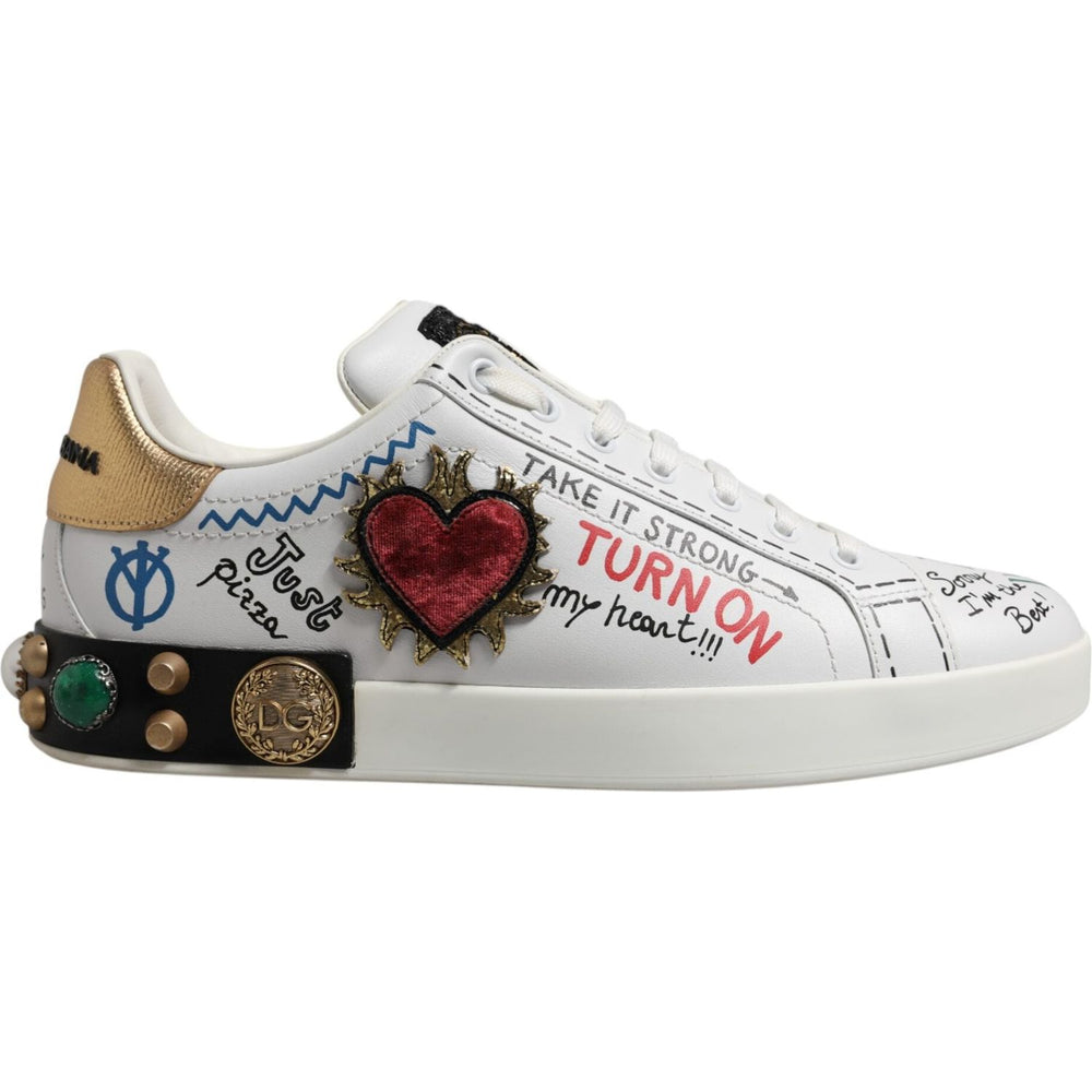 Dolce & Gabbana White Stud Heart Embellished Sneakers Shoes MV5622-44.5