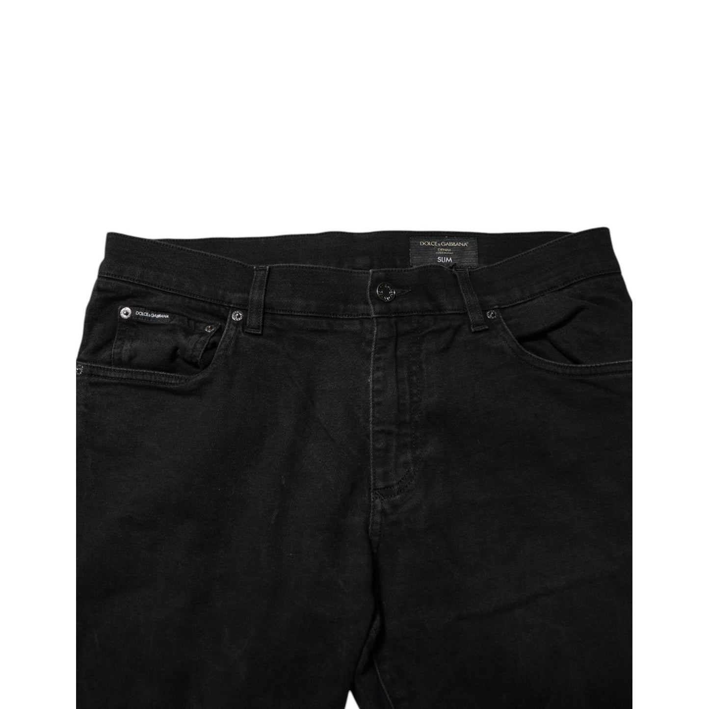 Dolce & Gabbana Black Cotton Logo Plaque Slim Fit Denim Jeans