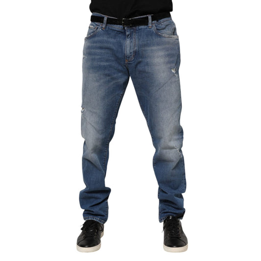 Dolce & Gabbana Blue Washed Cotton Logo Plaque Denim Jeans